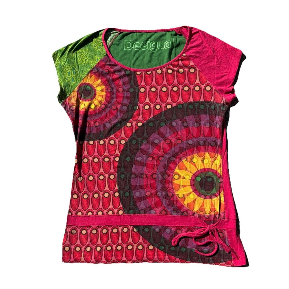 Desigual Graphic Pink Artsy Pink Shirt Colorblock Peacock Sun Flower Size Large